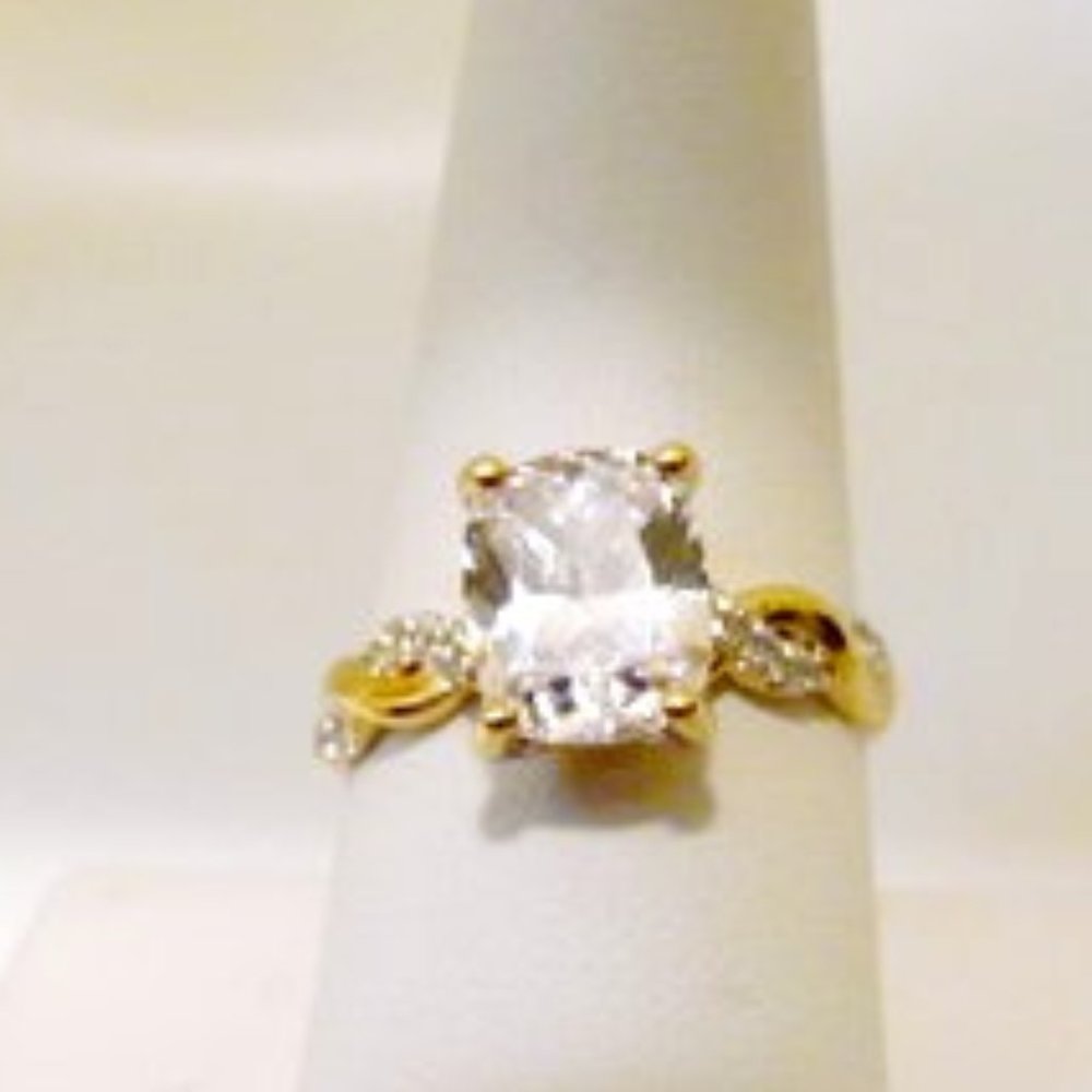 Diamonique 5.05cttw Cushion-Cut 14K Gold Plated Simulated Diamond Ring Size 9